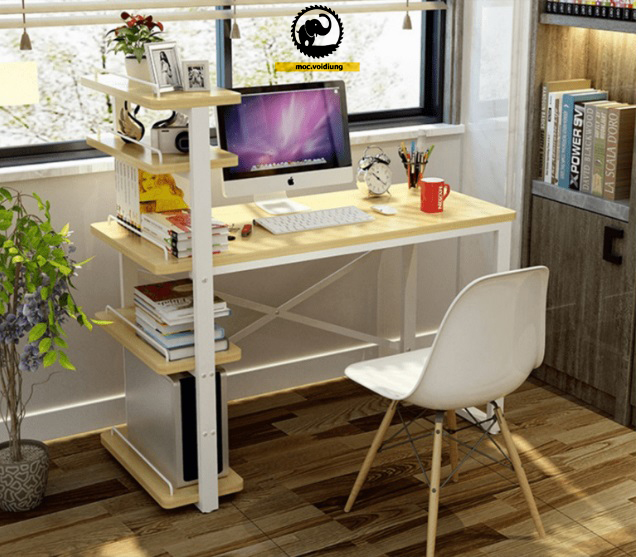 Bàn học khung sắt liền giá sách với thiết kế hiện đại